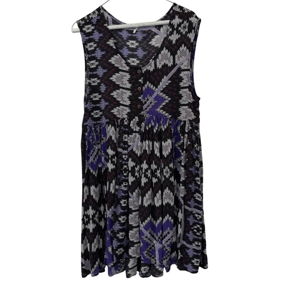 Free People Sleeveless Mini Dress‎ S Purple Geometric Aztec Print V-Neck Boho